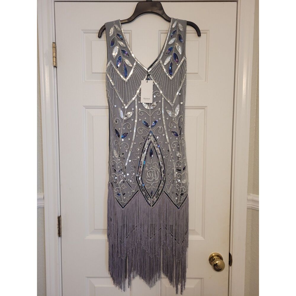 Metme 1920s Flapper Dress Women's Small Gray Silver Sequin Fringe Gatsby NWT